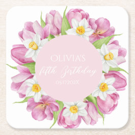 春カラフルフラワー子供の誕生日 スクエアペーパーコースター