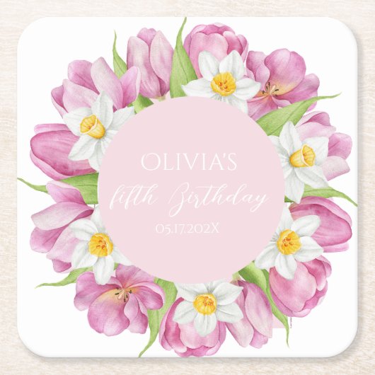 春カラフルフラワー子供の誕生日 スクエアペーパーコースター (正面)