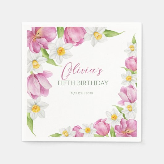 春カラフルフラワー子供の誕生日 スタンダードカクテルナプキン (正面)