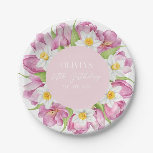 春カラフルフラワー子供の誕生日 ペーパープレート (正面)