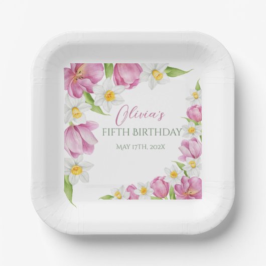 春カラフルフラワー子供の誕生日 ペーパープレート (正面)