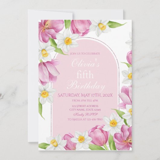 春カラフルフラワー子供の誕生日 招待状 (正面)