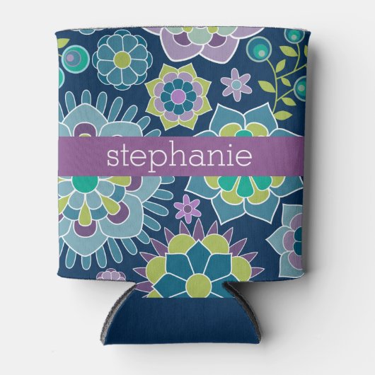 春カラフルフローラルパターン名前をカスタムする 缶クーラー (正面)