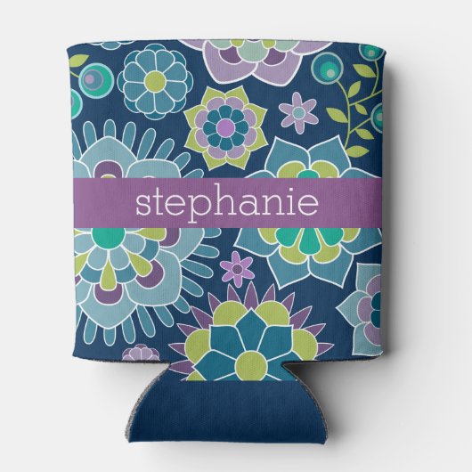春カラフルフローラルパターン名前をカスタムする 缶クーラー (裏面)