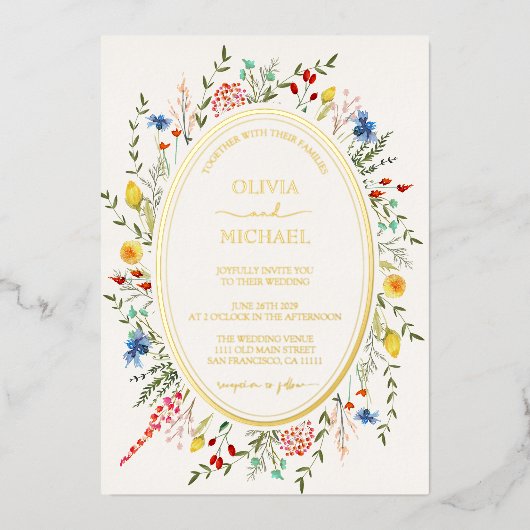 春カラフルフローラワイルドフラワー庭園の結婚式 箔招待状 (正面)