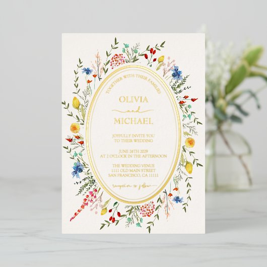 春カラフルフローラワイルドフラワー庭園の結婚式 箔招待状 (立ち正面)