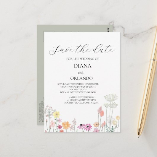 春カラフルワイルドフラワーの日付を保存 ポストカード (正面/裏面インサイチュ)