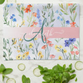 春カラフルワイルドフラワーメドウモノグラム キッチンタオル (折り畳み)