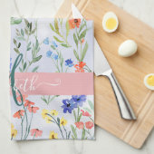 春カラフルワイルドフラワーメドウモノグラム キッチンタオル (四つ折り)