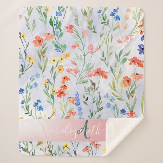 春カラフルワイルドフラワーメドウモノグラム シェルパブランケット (正面)