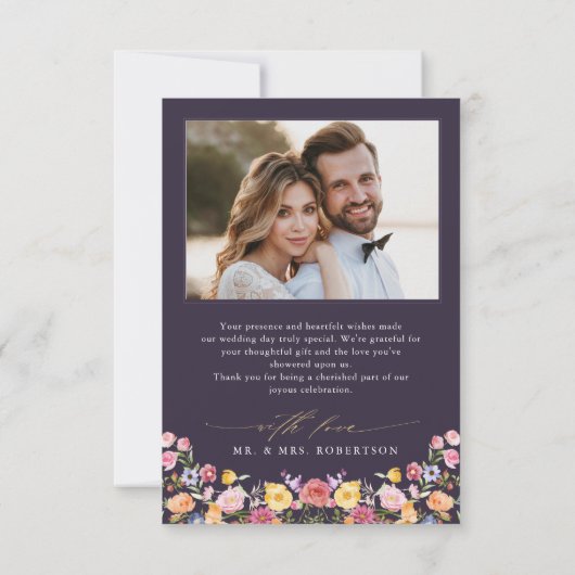 春カラフルワイルドフラワーメドウ庭園の結婚式 サンキューカード (裏面)