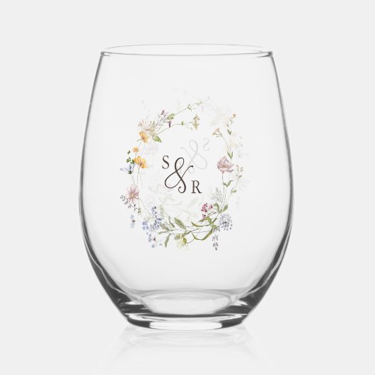 春カラフルワイルドフラワーメドウ庭園の結婚式 ステムなしワイングラス (裏面)