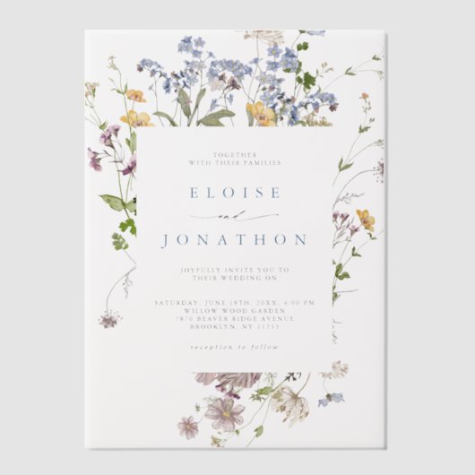 春カラフルワイルドフラワーメドウ庭園の結婚式 ベラム紙招待状 (正面)