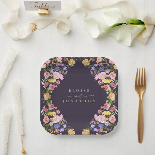 春カラフルワイルドフラワーメドウ庭園の結婚式 ペーパープレート (ウェディング)