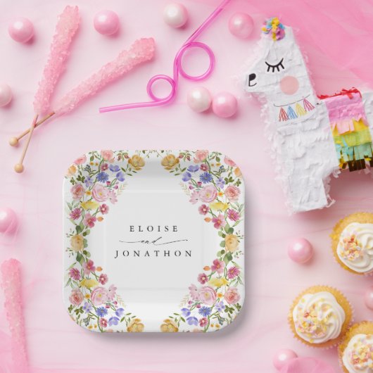 春カラフルワイルドフラワーメドウ庭園の結婚式 ペーパープレート (パーティー)