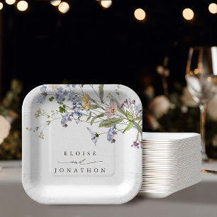 春カラフルワイルドフラワーメドウ庭園の結婚式 ペーパープレート