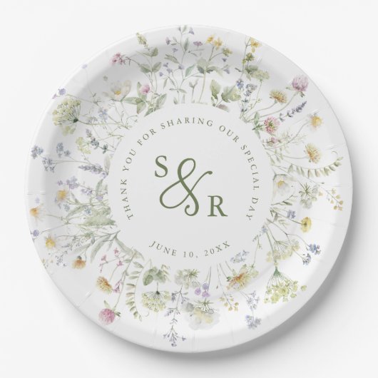 春カラフルワイルドフラワーメドウ庭園の結婚式 ペーパープレート (正面)