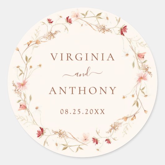 春カラフルワイルドフラワーメドウ庭園の結婚式 ラウンドシール (正面)