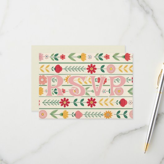 春カラフルワイルドフラワーメドウ庭園の結婚式 出欠カード (正面/裏面インサイチュ)