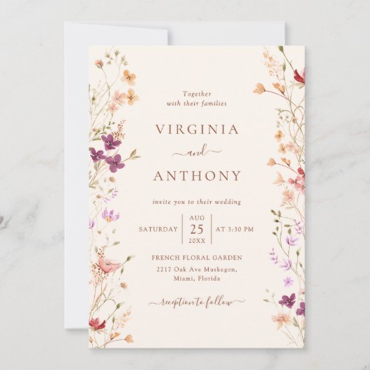 春カラフルワイルドフラワーメドウ庭園の結婚式 招待状 (正面)