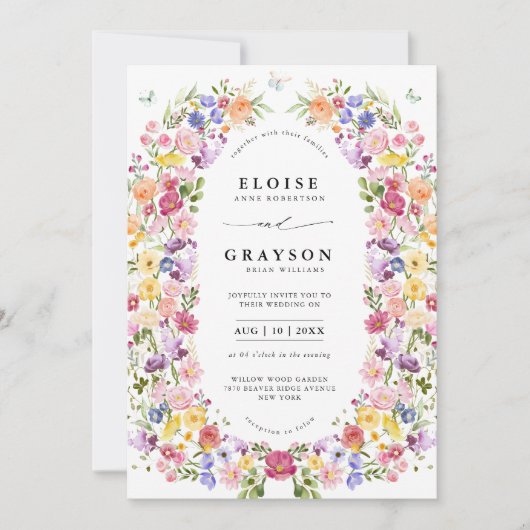 春カラフルワイルドフラワーメドウ庭園の結婚式 招待状 (正面)