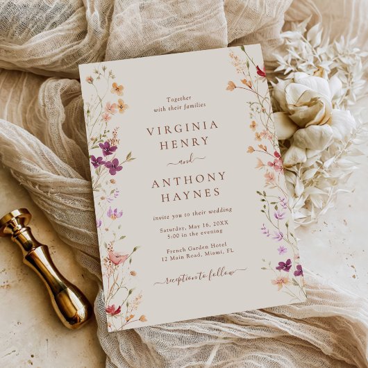 春カラフルワイルドフラワーメドウ庭園の結婚式 招待状