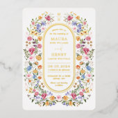 春カラフルワイルドフラワーメドウ庭園の結婚式 箔招待状 (正面)