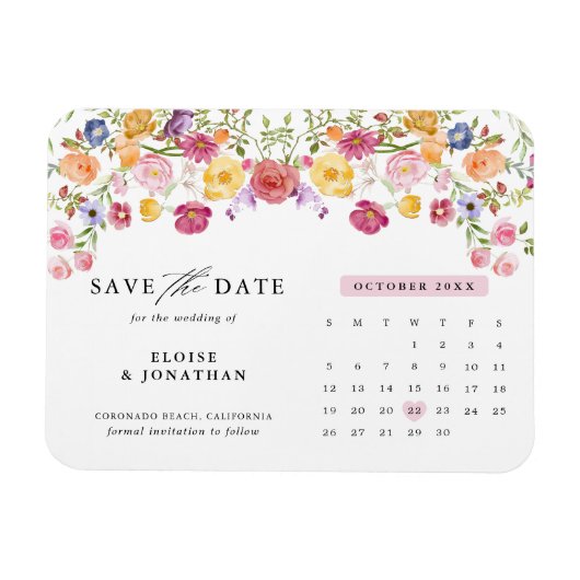 春カラフルワイルドフラワーメドウ日付を保存 マグネット (横)