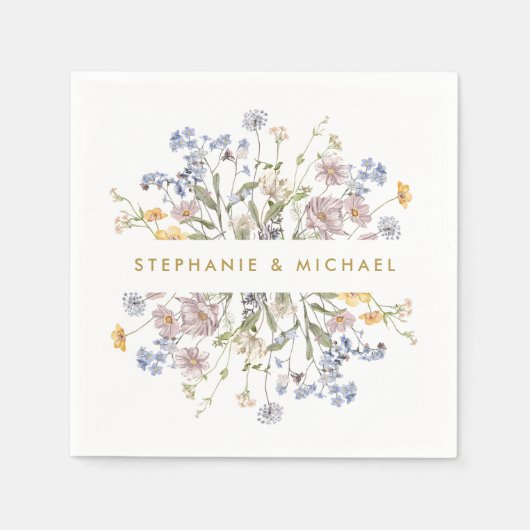 春カラフルワイルドフラワーメドウ金ゴールド結婚ズ スタンダードカクテルナプキン (正面)