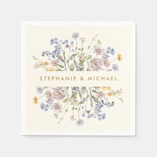 春カラフルワイルドフラワーメドウ金ゴールド結婚ズ スタンダードカクテルナプキン (正面)