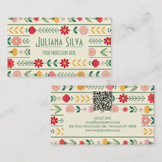春カラフルワイルドフラワー牧草地ガーデンとQR 名刺 (正面/裏面)