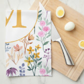 春カラフル花水彩模様モノグラム キッチンタオル (四つ折り)
