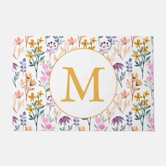 春カラフル花水彩模様モノグラム ドアマット (正面)