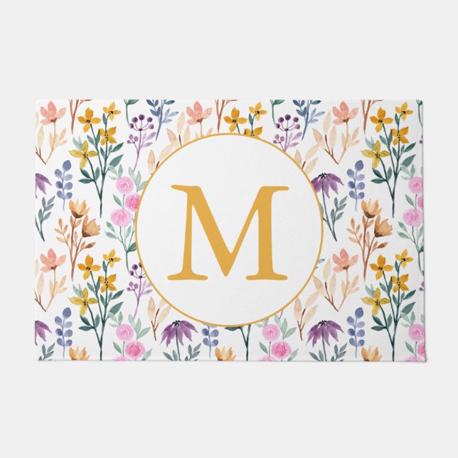 春カラフル花水彩模様モノグラム ドアマット (正面)