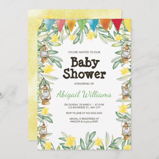 春ガーデングリーンリーベビーシャワー 招待状 (正面/裏面)