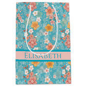 春ガーデンターコイズさくらんぼ花とストライプ ミディアムペーパーバッグ (正面)