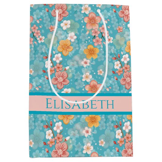 春ガーデンターコイズさくらんぼ花とストライプ ミディアムペーパーバッグ (正面)