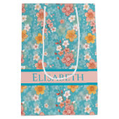 春ガーデンターコイズさくらんぼ花とストライプ ミディアムペーパーバッグ (裏面)