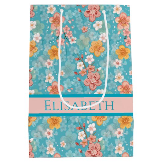 春ガーデンターコイズさくらんぼ花とストライプ ミディアムペーパーバッグ (裏面)