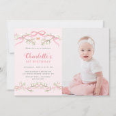 春ガーデンピンクとグリーンの誕生日の写真 招待状 (正面)