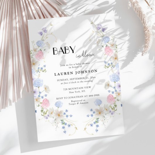 春ガーデンピンクパープルワイルドフラワーベビーシャワー 招待状