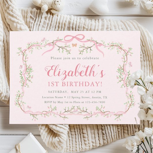 春ガーデンピンク&グリーン第1誕生日パーティー 招待状