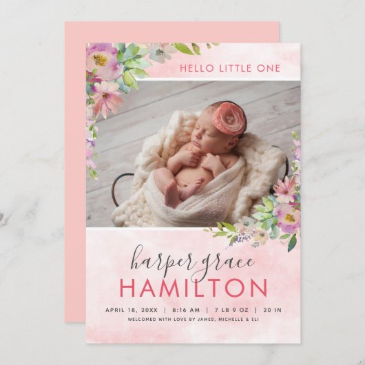 春ガーデンベビーガール写真誕生発表 案内状 (正面/裏面)