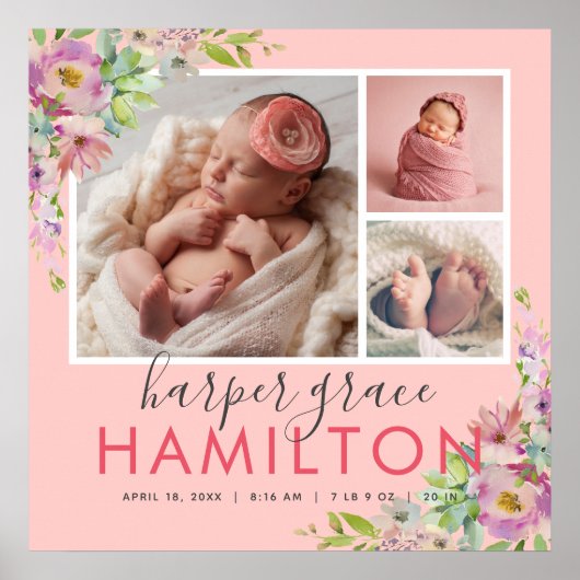 春ガーデンベビーガール誕生統計フォトコラージュ ポスター (正面)