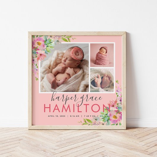 春ガーデンベビーガール誕生統計フォトコラージュ ポスター
