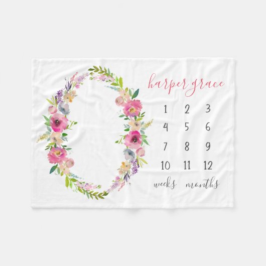 春ガーデンベビー名月次マイルストーンフォト フリースブランケット (正面(横))