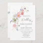 春ガーデンワイルドフラワーピンク結婚ホワイト 招待状 (正面/裏面)