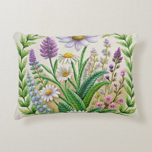 春ガーデン刺繍枕デザイン – カモミール アクセントクッション (正面)