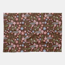 春ガーデン（チョコレートブラウン背景） キッチンタオル