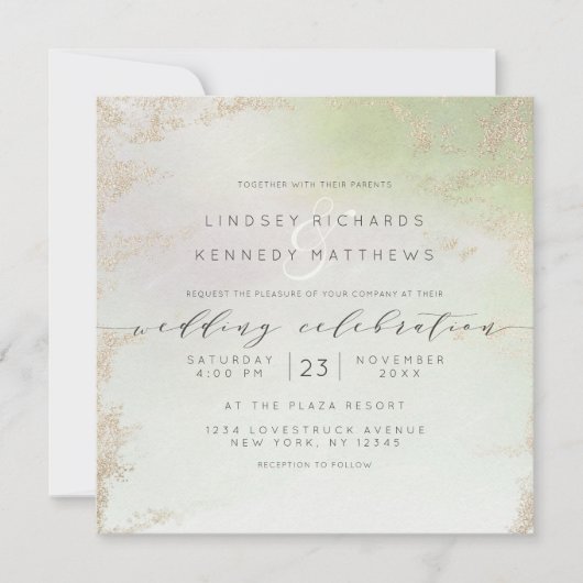 春グラデーショングリーンゴールドフォイルシック結婚スクエア 招待状 (正面)
